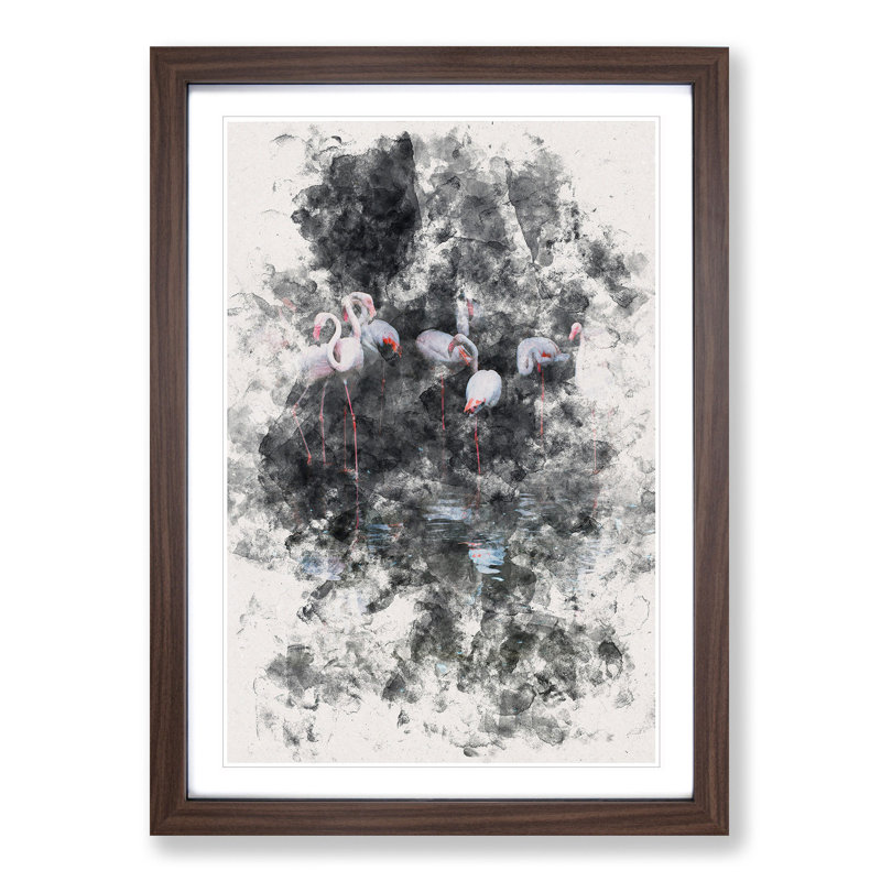 Reflection of Flamingos - Picture Frame Painting Print, Walnut Framed, 33cm H x 24cm W x 2cm D