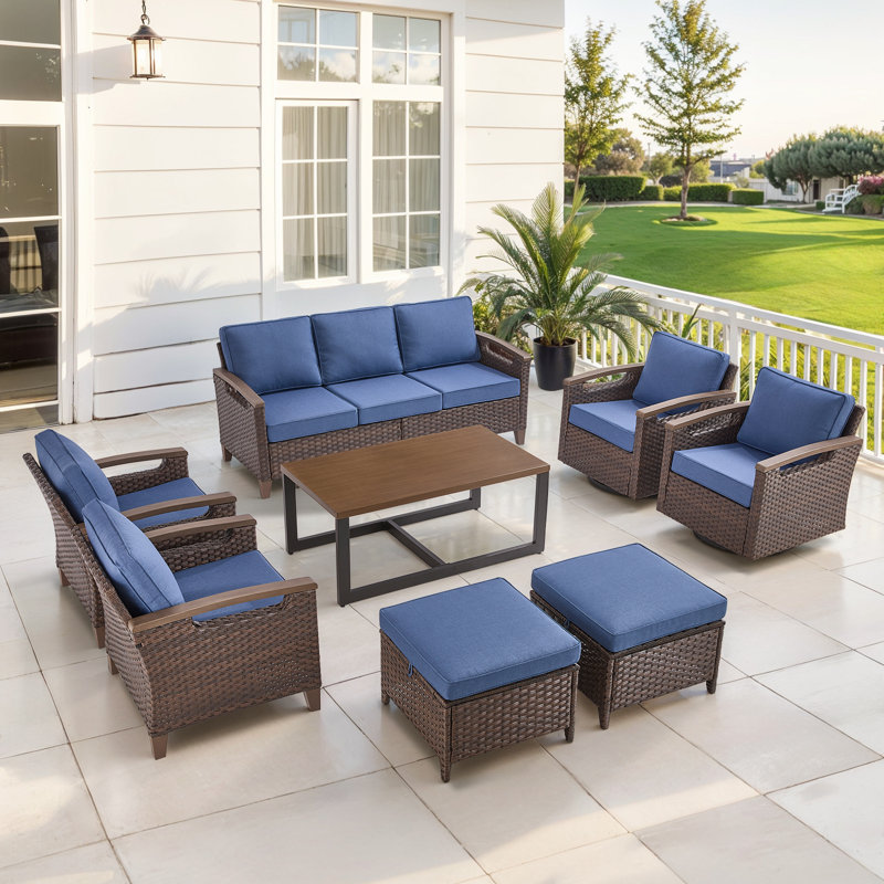 Arundel All-Weather Wicker Outdoor Patio Conversation Sets With Swivel Chair, Blue