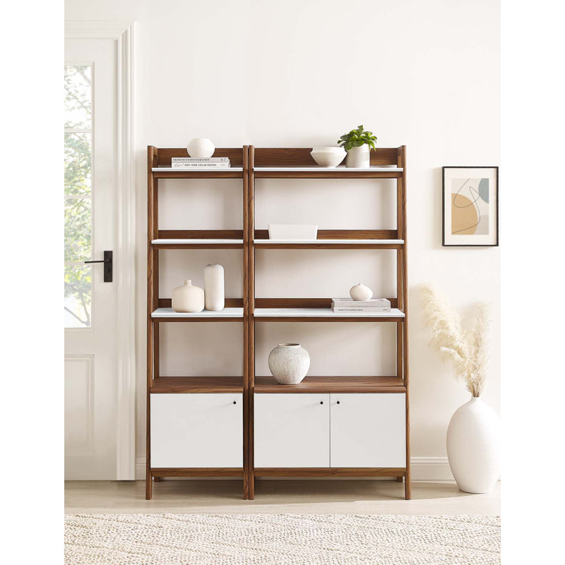 Walnut White Tiered Wood Bookshelves with Concealed Storage