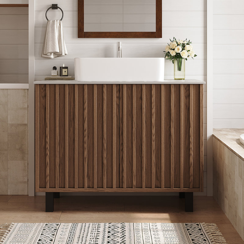 Base de meuble-lavabo de 36 po en noyer brun rétro avec comptoir en pierre, lavabo en céramique, drain inclus et tablette réglable
