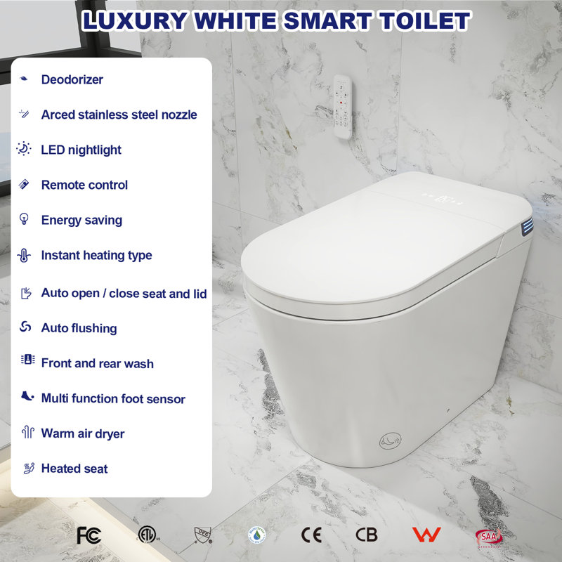 Toilettes intelligentes bidet avec réservoir intégré, ouverture/fermeture et chasse d'eau automatiques, siège chauffant, lavage et séchage à l'eau chaude, 1,06 gallons par chasse d'eau.