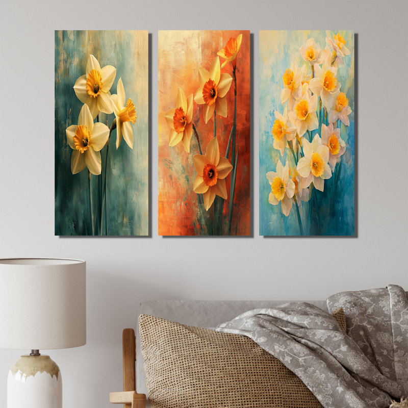 «Daffodil Radiance In Pastels Impressionist I» - Collection d'art mural jonquilles, H 28 po x l 36 po, Toile tendue