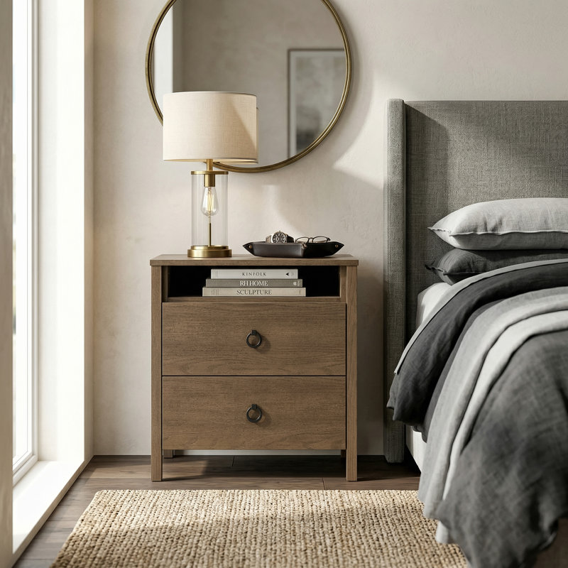 Mucci 22.7" H Transitional 2 Drawer Nightstand With Shelf, Brown, Individual