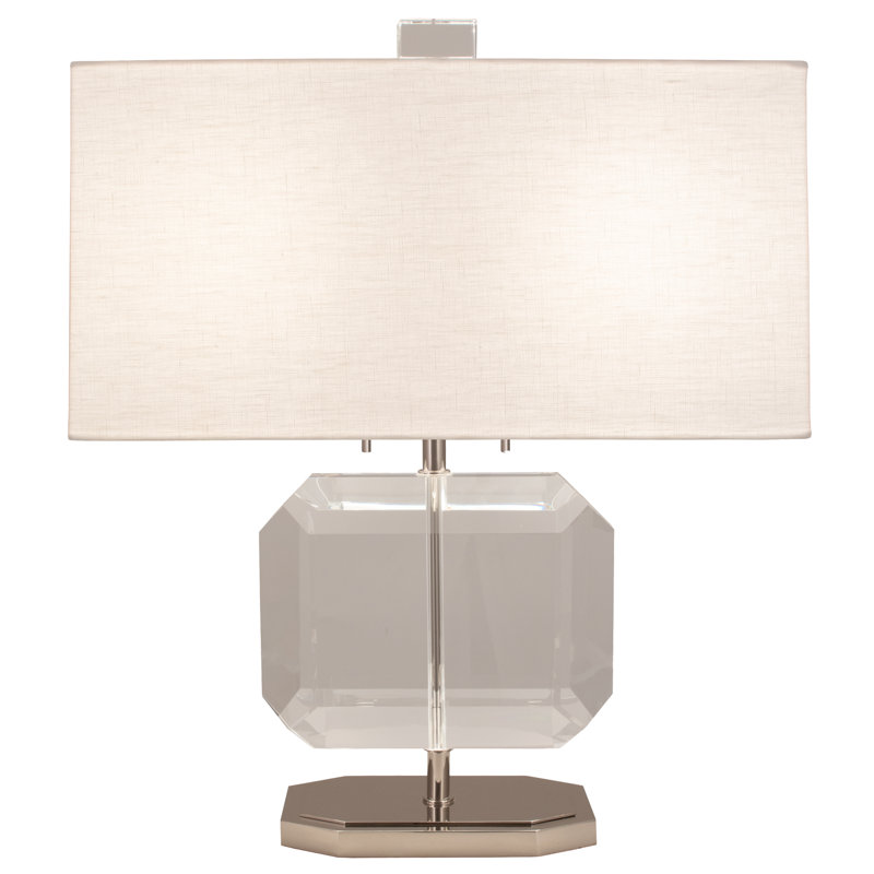 Élégante lampe d'appoint moderne en laiton avec accents de cristal transparent - chaîne de traction à 3 voies, abat-jour en lin - luminaire intemporel pour la décoration intérieure
