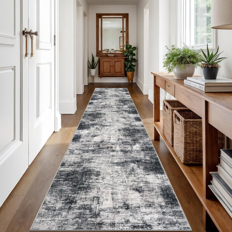 Abstract Kitchen Runner Rug Washable, 2' x 12' (Runner), Black/Grey/White