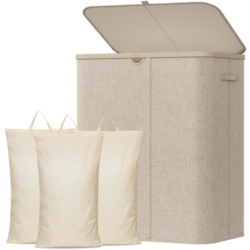 185L Large 3 Section Laundry Hamper With Lid, Plastic Laundry Basket With Bamboo Handles And Removable Bags, Tall Foldable Clothes Hamper For Bathroom Bedroom, Beige