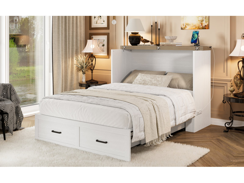 Rovik Elegant Murphy Bed With Charging Station And Large Storage Drawer, Full, White