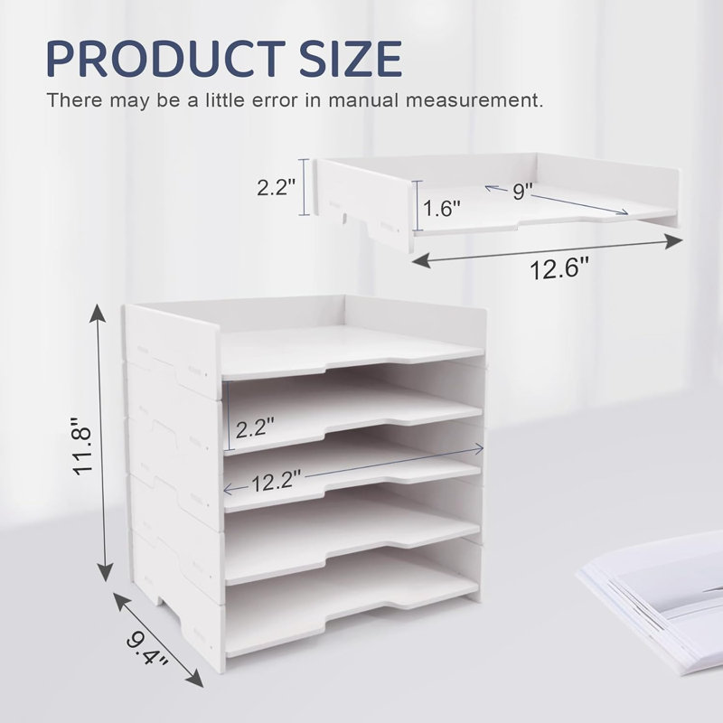 5 Tier Stackable File Organizer Tray - White PVC Document Storage & Paper Sorter Rack, Multi Layer Desktop File Holder for Office