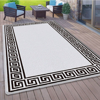Plain Rug with Greek key Bordered Gel backed Rug Aleecia Cream/Black Rug