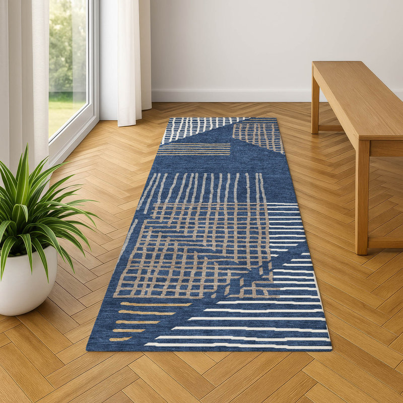 Premium Machine Washable Mayfield AMF2270 Striped Rug, 2'3" x 7'6" Runner, Navy