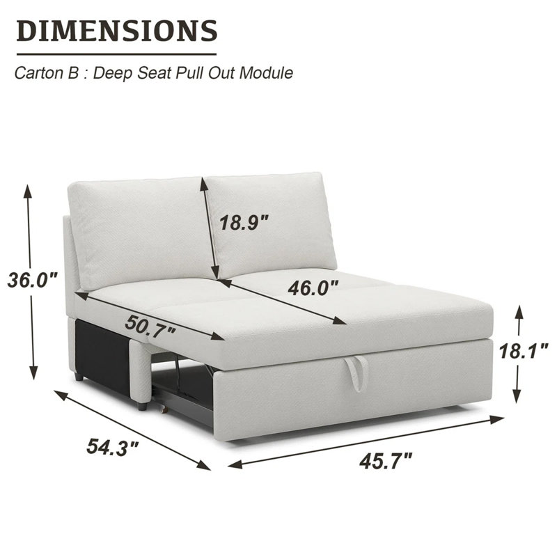 Rafael Armless Double Seat Module Pullout Sofa Bed Module For Modular Sectional Sofa, Beige Chenille