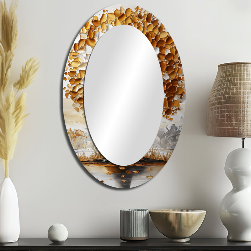Gold And White Fauvist Basswood Tree II - Floral Oval Decorative Mirror On Metal, 36" x 24"