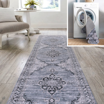 Tapis bleu marine / gris / noir Haruyoshi Chenille Cottage Medallion