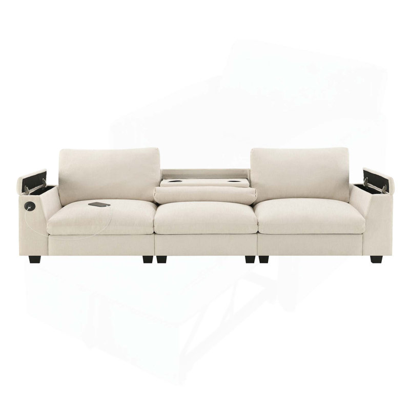 Chenille Sectional Sofa with Bluetooth Speaker,Comfy Cloud Couch Set with Drop Down Table, Beige