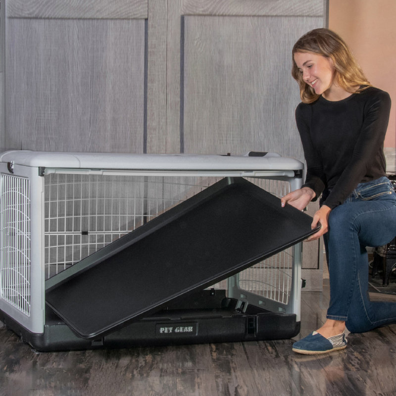 Gray Rolling Steel Pet Crate with Removable Tray