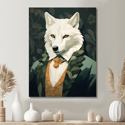 Stylish White Wolf In Green Suit - Wolf Animal Wall Art Living Room