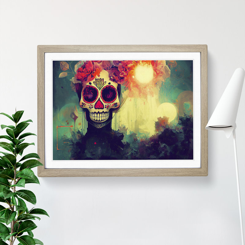 Sugar Skull Woman Vol.5 Abstract - Single Picture Frame Painting, 34cm H x 46cm W x 2cm D, Oak Framed