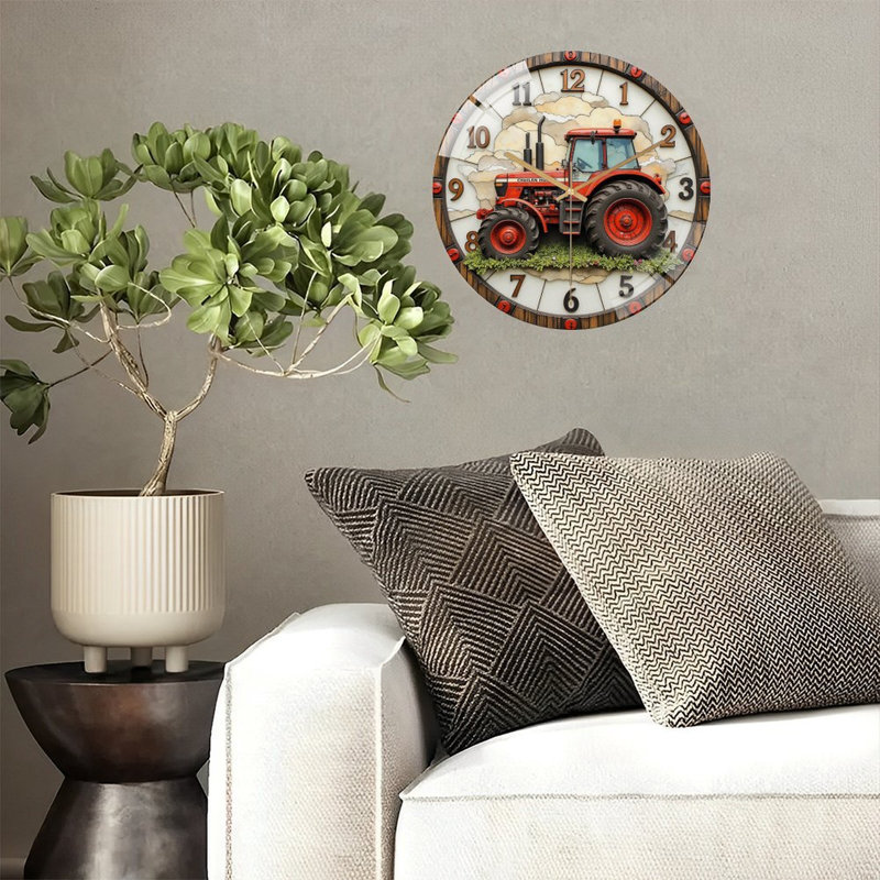 Red Tractor Wall Clock Home Decor Gifts Art - 12'' Modern Glass Wall Clock