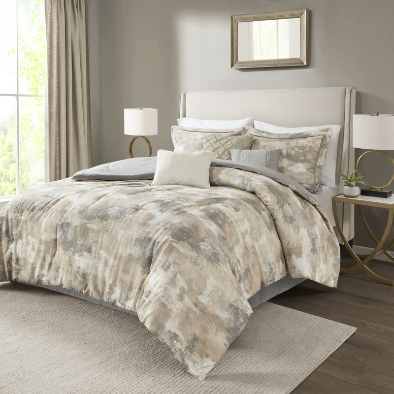 King Size Comforter In Gray With Abstract Print And Solid Reverse Glamorous 2 Matching Shams Decorative Pillows