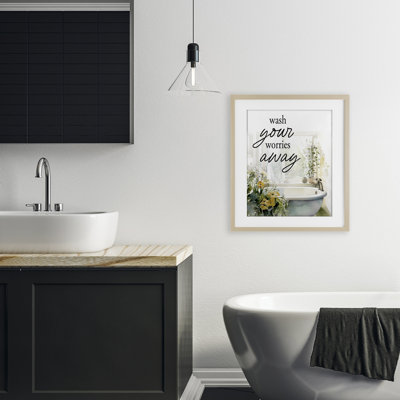 «Wash Worries Away Sunlit Bath», reproduction encadrée sous verre, design par lettré et doublé