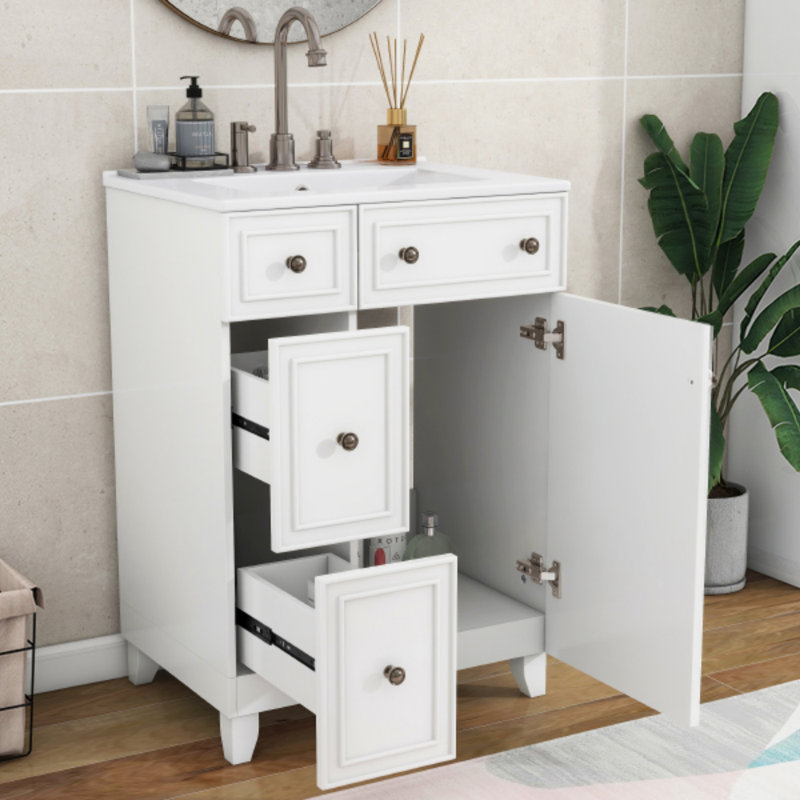 24-Inch Bathroom Vanity Cabinet With Ceramic Sink, Bathroom Vanity, White/Brown