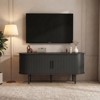Meuble télé 47 po avec portes coulissantes cannelées, console multimédia de style Mid-Century avec armoire de rangement cachée