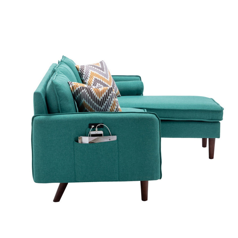 Gouvernour L Shaped Sectional Sofa Chaise with USB Charger & Pillows, Left Hand Facing, 100% Linen, Teal 100% Linen