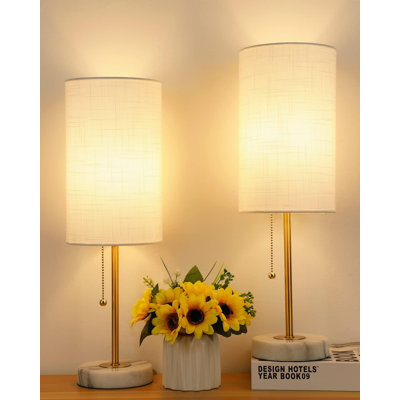 Everly Quinn 2 Pack Small Table Lamp 3 Way Dimmable Bedside Lamps With Marble Base Linen Shade Pull Chain Nightstand Lamps 18.5 Inches Desk Lamps(Bulbs Included)