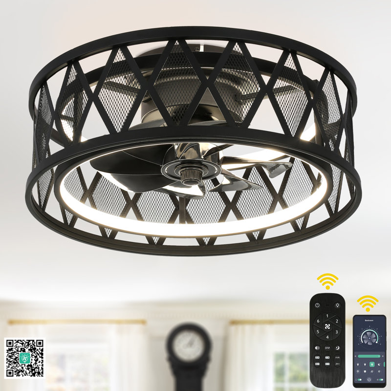 Ventilateur de plafond moderne encastré de 19 pouces avec lumière et télécommande, moteur à courant continu réversible, ventilateur discret à cage pour chambres à coucher