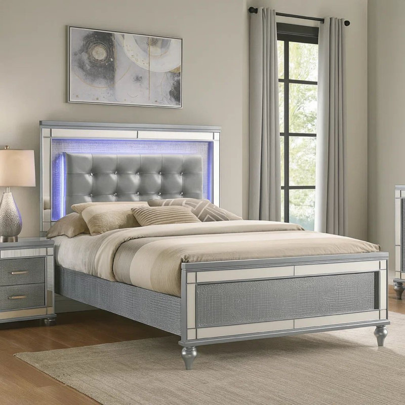 Lit plateforme tapissier Lee, Double, Argent