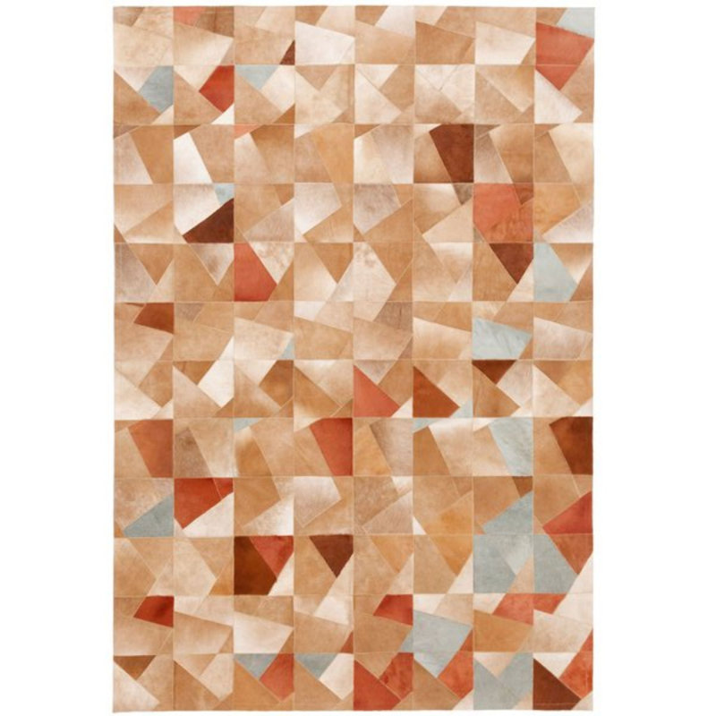 Tapis géométrique en cuir de vache caramel / bleu, Rectangle 6 pi 7 po x 9 pi 8 po
