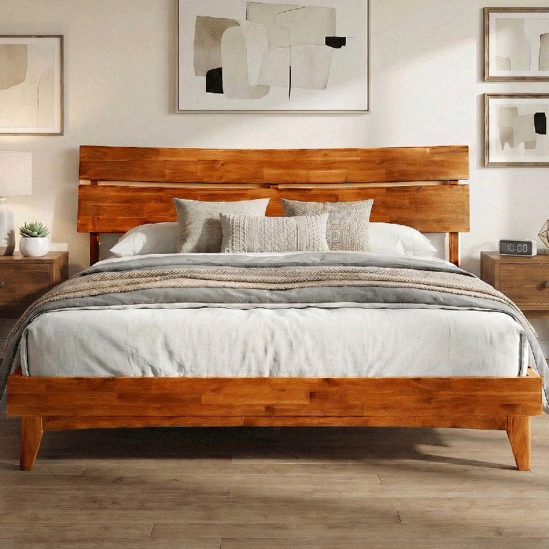 Base de lit plateforme en bois massif de qualité supérieure Acacia Aurora, Très grand lit, Caramel