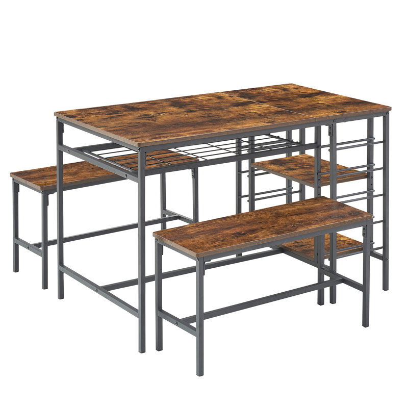 Ensemble de table de salle à manger de 47 pouces pour 4, 3 pièces avec 2 bancs, support à vin et 2 tablettes de rangement pour appartement