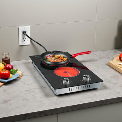 Karinear 2 Burners Electric Cooktop, 12 Inch Electric Stove with 110V Plug, Countertop & Built-in Ceramic Cooktop, Silver Knob, 2000W