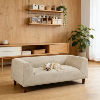 Canapé rectangulaire moderne pour animaux avec dossier et accoudoirs, coussin moelleux pour petits et moyens chiens, beige