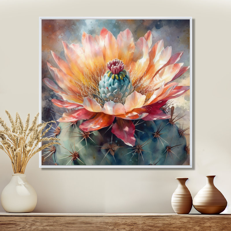 Impression sur toile encadrée «Rozalja Orange Green Cactus Flower III - Cactus», 44" H x 44" W, Blanc