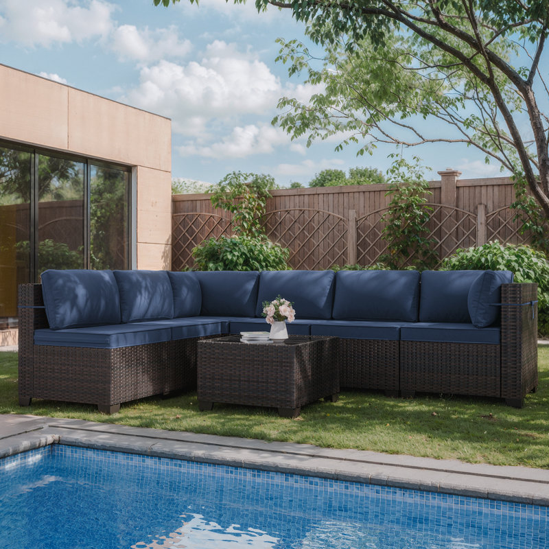 7-Piece L-Shaped All-Weather Wicker Sectional Sofa with Cushion, Navy