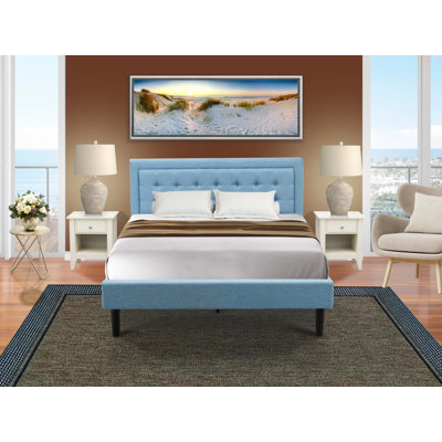 Ensemble de chambre à coucher Fannin 3 pièces (lit queen) comprenant 1 lit moderne et 2 tables de chevet - Construction fiable et durable - Tissu en lin bleu denim
