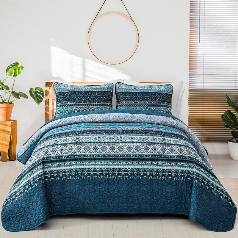 Ensemble de 3 courtepointe Boho Bohemian, Bleu, Courtepointe très grand et 2 très grandes taies 