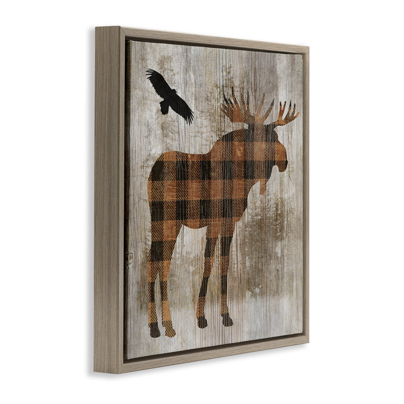 Orignal à carreaux et aigle, 18" H x 18" W, Cadre flottant orme Montalcino