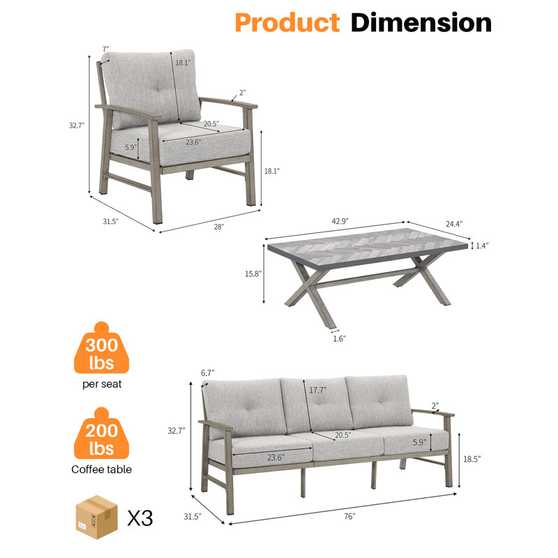 Seehill Aluminum Patio Sofa Set, 4 Piece Outdoor Patio Furniture Set With Thick Cushions, All Weather Outdoor Sectional Sofa Couch Sets For Deck, Lawn, Poolside, Backyard, Limed Oak