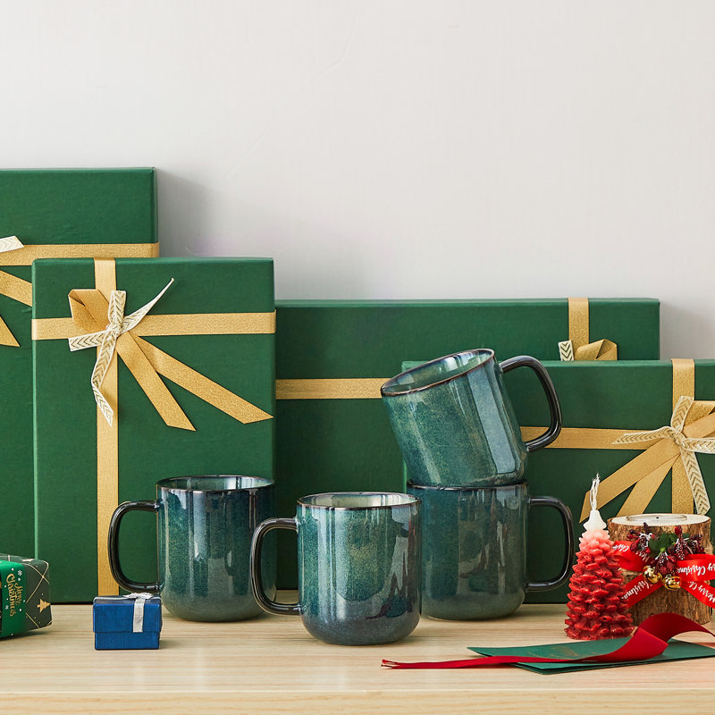 Set of 4 16oz Stoneware Mugs, Green Ceramic Coffee Cups with Straight Edge Design and Double-Sided Reactive Glaze Finish