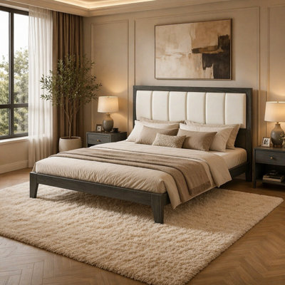 Wooden Bed Frame,Stylish Low-Profile Bed Base,Bed Frame with Upholstered Headboard(Only Bed Frame)