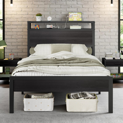 Tryston Bed Frame Industrial Platform Bed with Charging Station