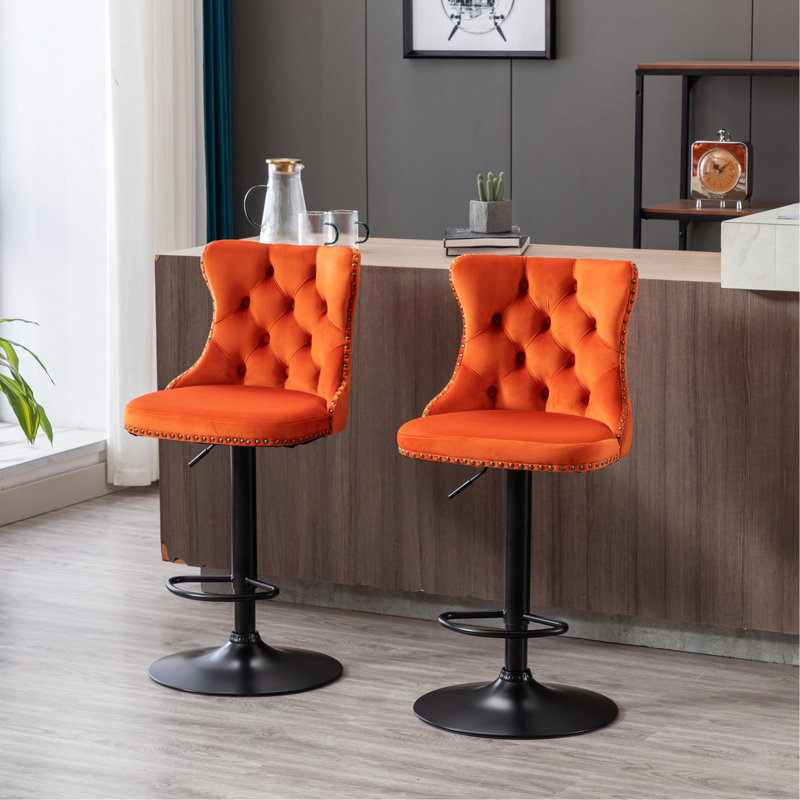 Velours orange de 2, siège réglable en hauteur de 25 à 33 po, dossier, base stable de 17,7 po pour la maison et l'îlot de cuisine - hauteur, base de 17,7 po, dossier confortable, îlot de pub, 2 pièces