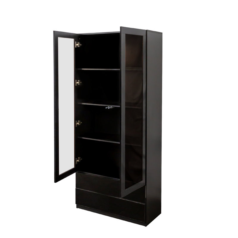 Bibliothèque noire avec lumières à DEL, 4 tablettes, 2 tiroirs et portes en verre pour le rangement d'étude - portes éclairées, étagère de chambre à coucher