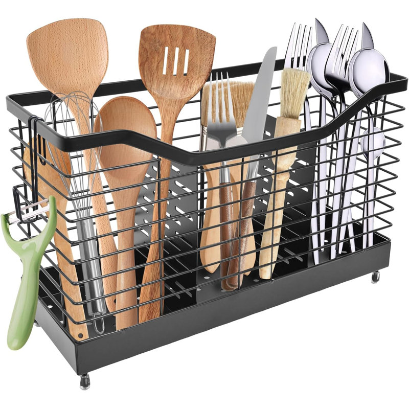Très grand porte-ustensiles à 3 compartiments, organisateur de comptoir de cuisine durable, conception robuste pouvant contenir plus de 30 ustensiles de cuisine, drainage facile, pieds antidérapants
