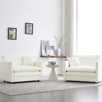 High Chenille Accent Chair Of 2, White, Living Room Side Chairs With Pillow, Strong Solid Wood Frame, Breathable Fabric Upholstery, Sponge Filling For A Relaxing Seat 2 In Upholstered Armchairs Base,