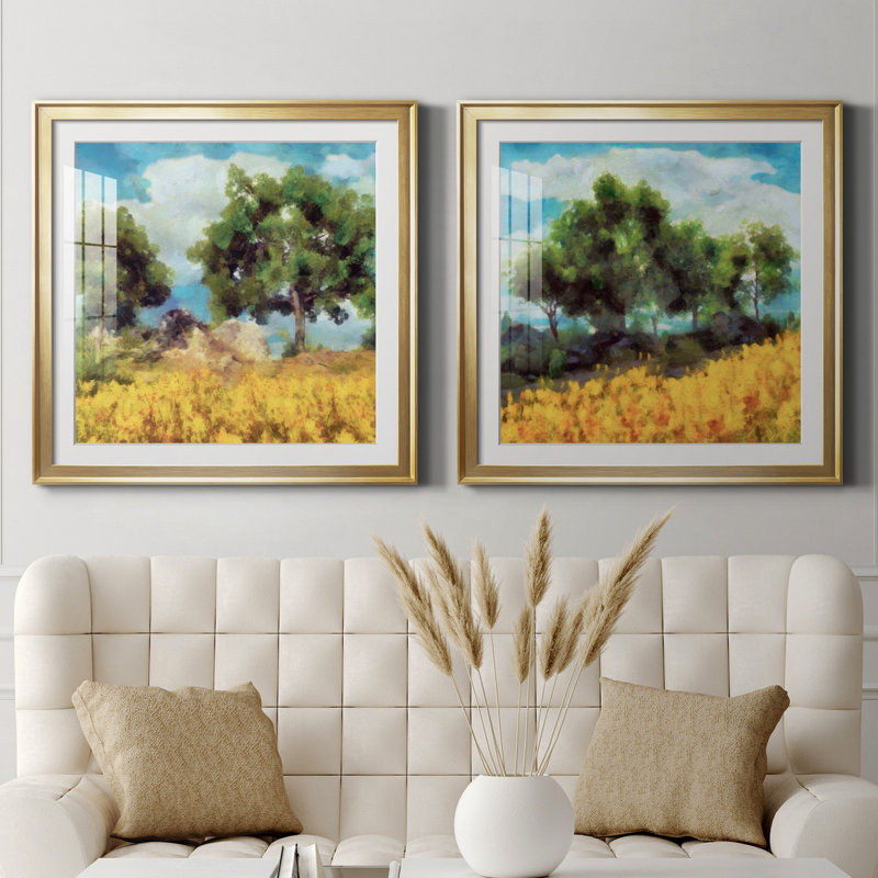 Paysage jaune doux I - cadre photo, reproduction d'art, Papier encadré doré, H 30,5 po x l 61 po x P 1,5 po, Blanc