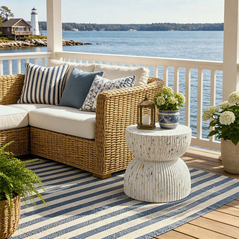 Hourglass Shaped Outdoor Concrete Side Table With Faux Marble Finish And Ribbed Design For Patio